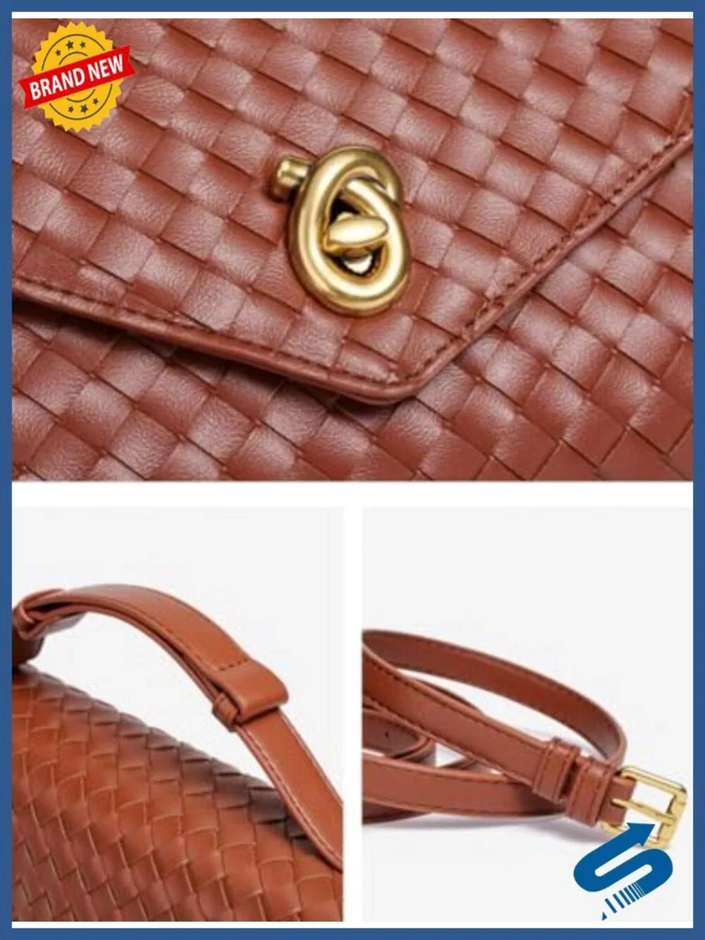 PU Leather Woven Crossbody Hobo Bag Women Trendy Turn Lock Handbag